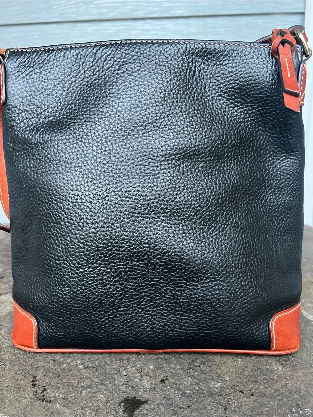 Dooney & Bourke Black Pebbled Leather Messenger with Brown Trim